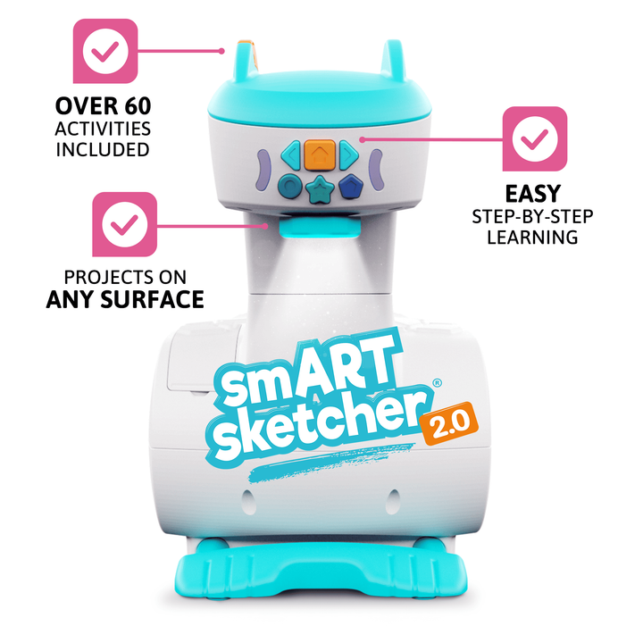 smART sketcher 2.0 kids projector showing over 60 included drawing and learning activities, easy step-by-step guided drawing, and the ability to project on any surface. Educational STEM toy with interactive buttons, designed to boost creativity and early learning through art and tracing.
