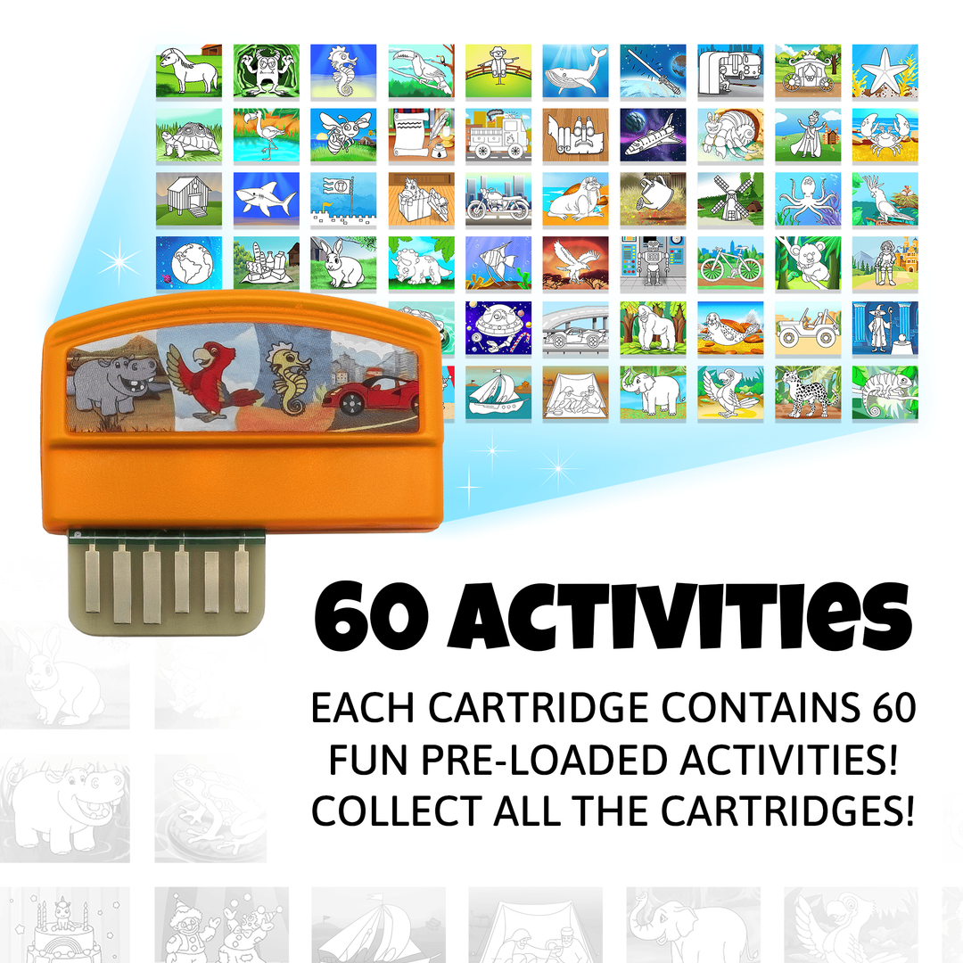 Orange smART sketcher 2.0 activity cartridge with illustrations, shown alongside a visual grid of 60 fun, pre-loaded drawing and learning activities. Each cartridge unlocks themed educational content for kids to trace and draw. Collectible cartridges expand creativity and screen-free STEM play through the smART sketcher projector.