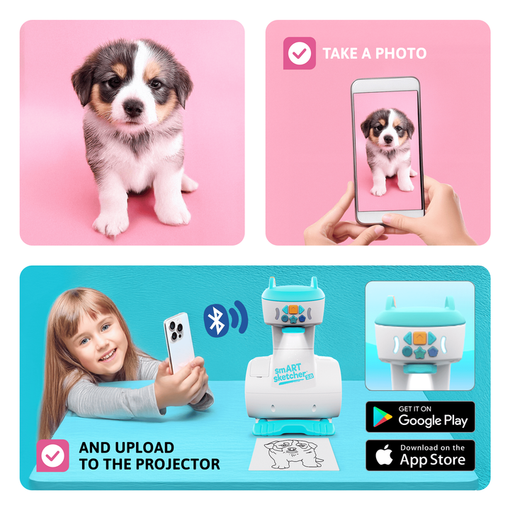 Girl using the smART sketcher 2.0 projector to draw a photo of a puppy. The process shows taking a picture with a smartphone, uploading it via Bluetooth, and projecting the image for easy tracing. Educational art toy for kids, compatible with iOS and Android apps, ideal for creative play and photo-to-drawing activities.
